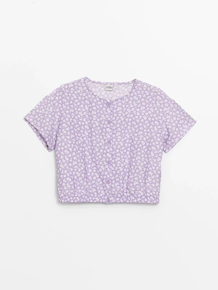 LCW Kids Lila Bisiklet Yaka Çiçekli Kız Çocuk Crop Bluz ürün görseli 1