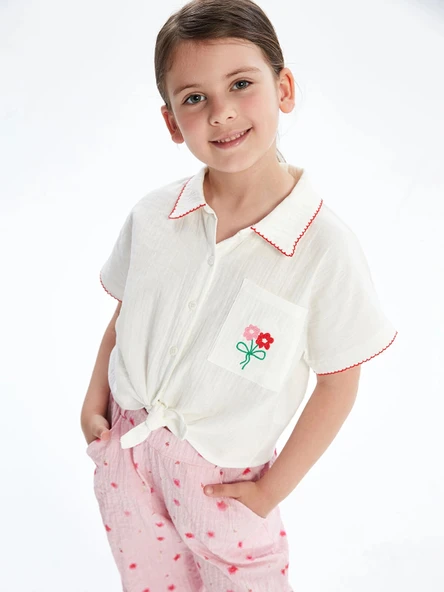LCW Kids Beyaz Rahat Kalıp Çiçek Nakışlı Kız Çocuk Gömlek ürün görseli 1