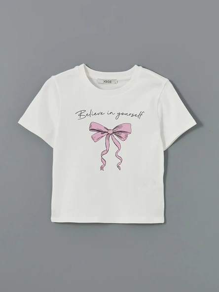 XSIDE Ekru Bisiklet Yaka Baskılı Crop - Resim 5