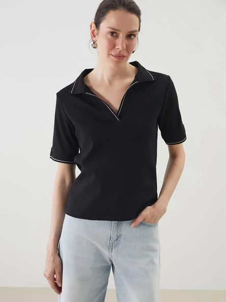 LCWAIKIKI Classic Siyah Polo Yaka Kadın Crop ürün görseli 1