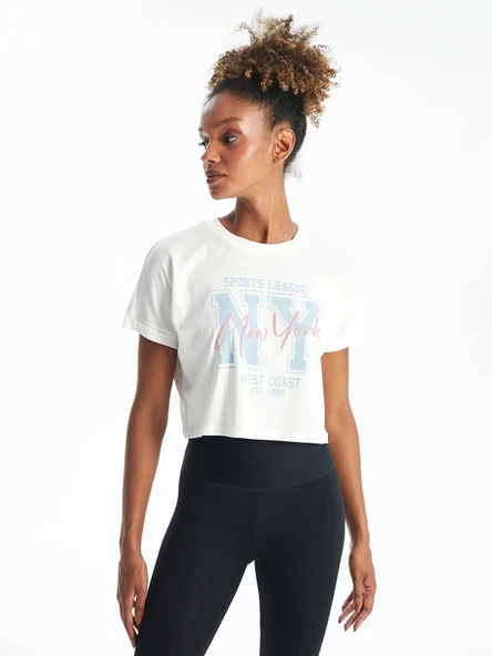 XSIDE ACTIVE Beyaz Bisiklet Yaka Baskılı Kadın Spor Tişört ürün görseli 1