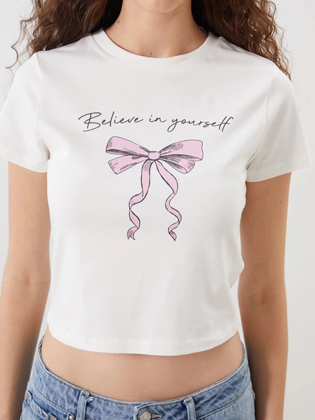 XSIDE Ekru Bisiklet Yaka Baskılı Crop - Resim 3
