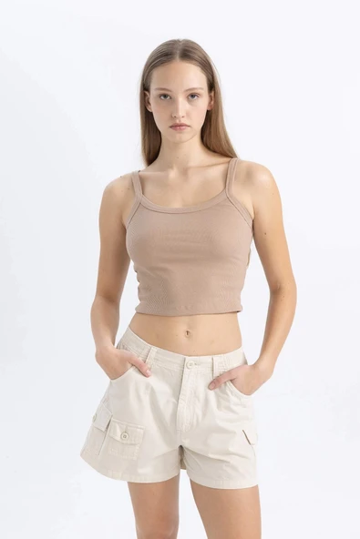 Defacto B0563 Bej Coool Fitted Fitilli Kaşkorse Basic Düz Atlet - Resim 3