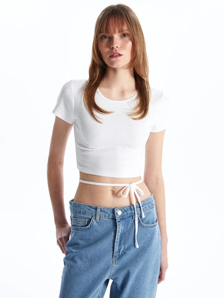 XSIDE Beyaz Bisiklet Yaka Düz Kısa Kollu Kadın Crop ürün görseli 1
