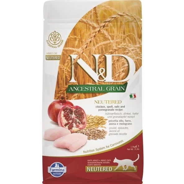 N&D Düşük Tahıllı Adult Tavuk Etli ve Narlı Kısırlaştırılmış Yetişkin Kedi Maması 1.5 Kg ürün görseli 1