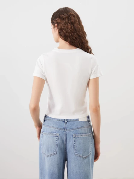 XSIDE Ekru Bisiklet Yaka Baskılı Crop - Resim 4