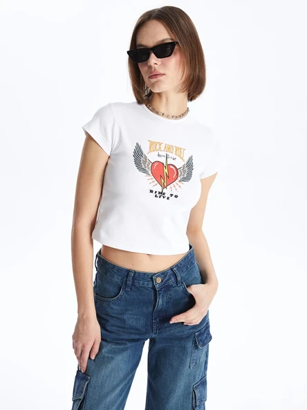 XSIDE Ekru Bisiklet Yaka Baskılı Kısa Kollu Crop Kadın Tişört ürün görseli 1