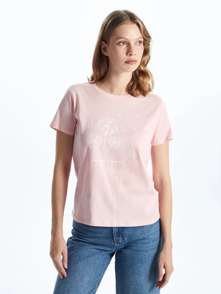 LCWAIKIKI Classic Pembe Bisiklet Yaka Baskılı Kadın Tişört ürün görseli 1