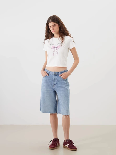 XSIDE Ekru Bisiklet Yaka Baskılı Crop - Resim 2