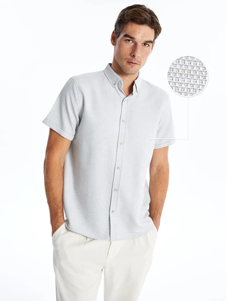 LCW Vision Gri Slim Fit Kısa Kollu Armürlü Erkek Dokulu Gömlek ürün görseli 1