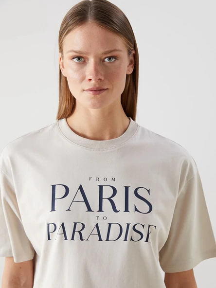 LCW Vision Gri Bisiklet Yaka Paris Baskılı Oversize Kadın Tişört ürün görseli 1
