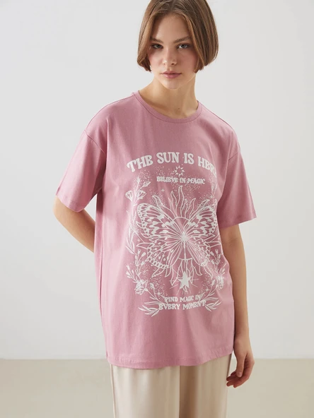 XSIDE Pembe Bisiklet Yaka Baskılı Kadın Tişört ürün görseli 1