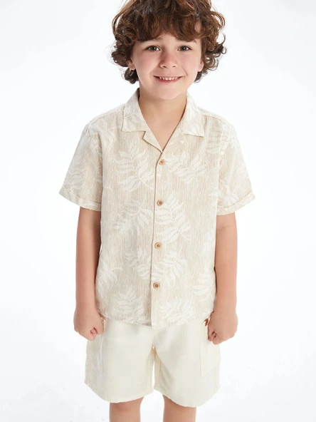 LCW Kids Bej Resort Yaka Baskılı Erkek Çocuk Gömlek ürün görseli 1
