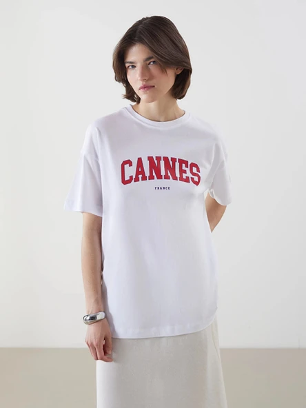 LCW Vision Beyaz Cannes Baskılı Oversize Kadın Tişört ürün görseli 1