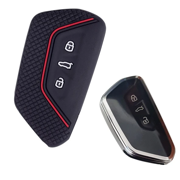 Volkswagen Seat Skoda Grubu Uyumlu Silikon Smart Oto Anahtar Kumanda Kabı Kılıf Siyah Kırmızı ürün görseli 1