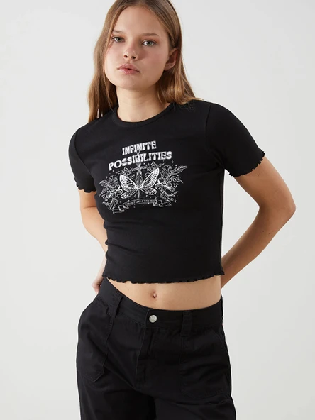 XSIDE Siyah Bisiklet Yaka Baskılı Kadın Crop ürün görseli 1