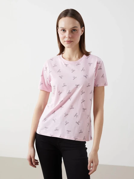 XSIDE Pembe Bisiklet Yaka Desenli Kadın Tişört ürün görseli 1