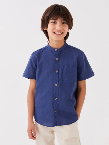 LCW Kids Lacivert Hakim Yaka Keten Karışımlı Erkek Çocuk Gömlek ürün görseli 1
