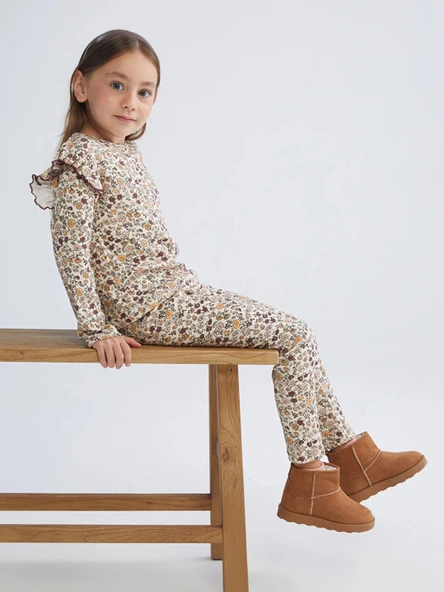 LCW Kids Bej Beli Lastikli Çiçekli Kız Çocuk Tayt ürün görseli 1