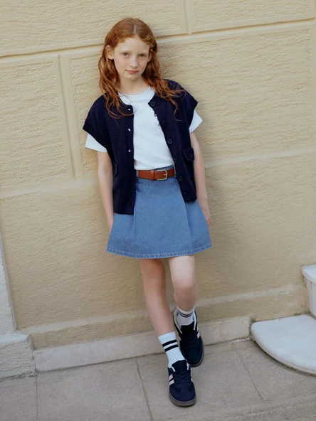 LCW Kids Indigo Beli Lastikli Pileli Kız Çocuk Jean Şort Etek ürün görseli 1