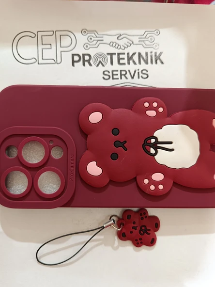 iPhone 14 Pro bordo ayıcıklı kılıf - Resim 3