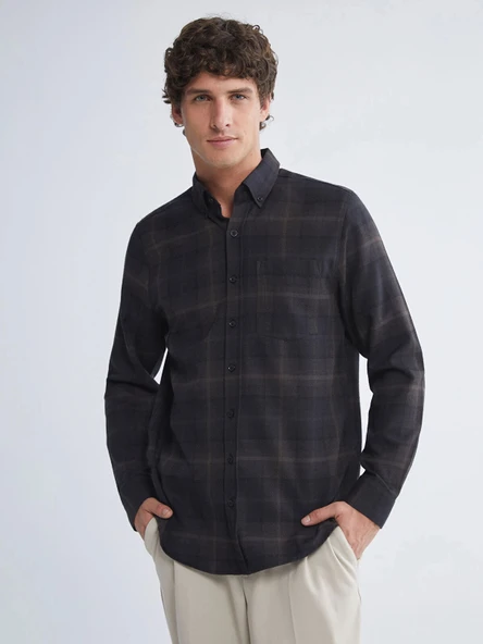 LCWAIKIKI Classic Bej Regular Fit Uzun Kollu Ekose Gabardin Erkek Gömlek ürün görseli 1