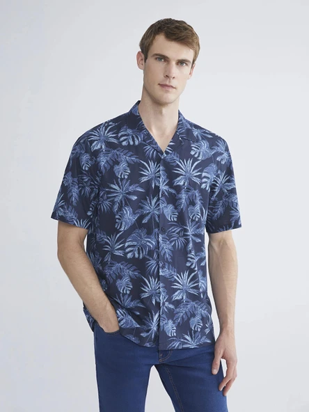 SOUTHBLUE Lacivert Regular Fit Resort Yaka Kısa Kollu Desenli Poplin Erkek Gömlek ürün görseli 1