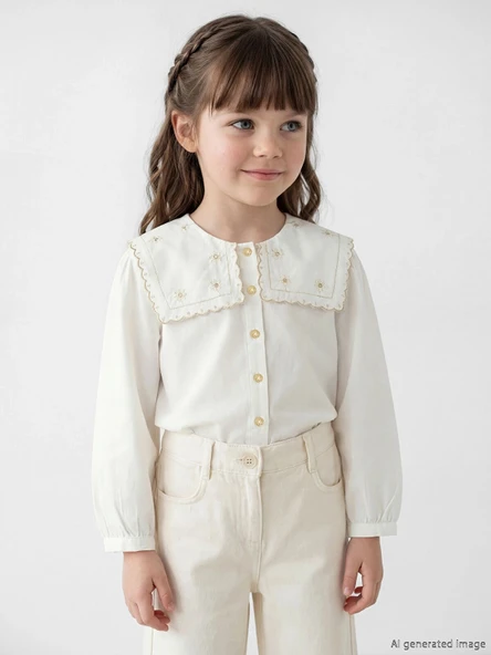 LCW Kids Ekru Çiçek Nakışlı Kız Çocuk Poplin Gömlek ürün görseli 1