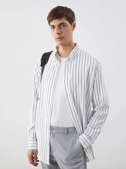 LCW Vision Beyaz Slim Fit Çizgili Erkek Gömlek ürün görseli 1