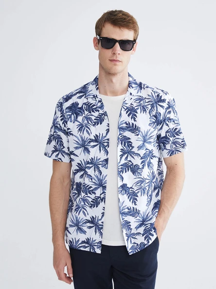 SOUTHBLUE Ekru Regular Fit Resort Yaka Kısa Kollu Desenli Poplin Erkek Gömlek ürün görseli 1