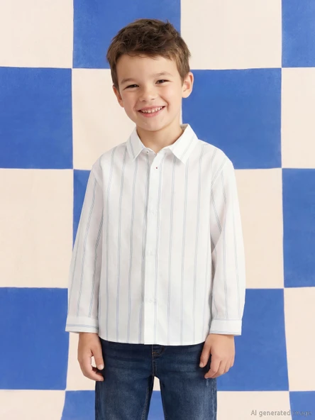 LCW Kids Ekru Uzun Kollu Çizgili Erkek Çocuk Gömlek ürün görseli 1