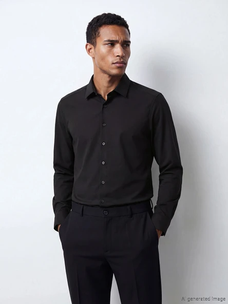 LCW BUSINESS Siyah Slim Fit Armürlü Erkek Gömlek ürün görseli 1
