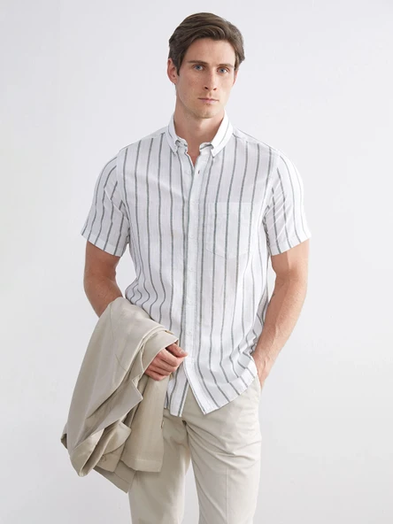 LCWAIKIKI Classic Haki Regular Fit Çizgili Erkek Gömlek ürün görseli 1