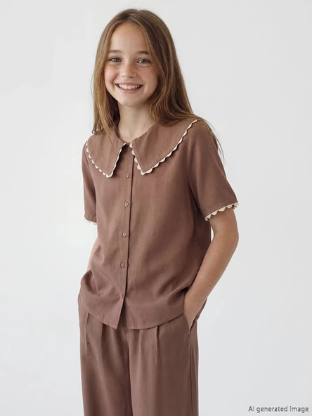 LCW Kids Kahverengi Bebe Yaka Kısa Kollu Kız Çocuk Gömlek ürün görseli 1