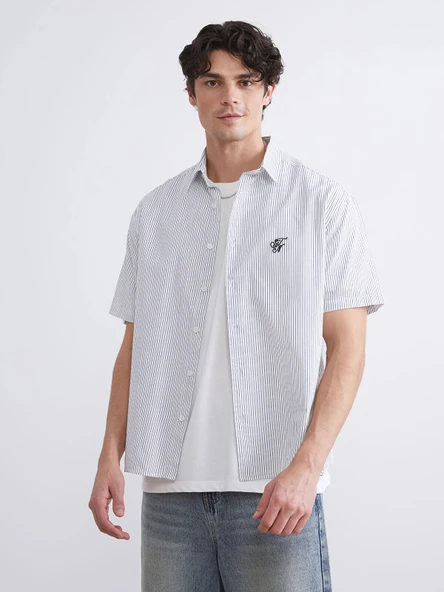 XSIDE Siyah Regular Fit Kısa Kollu Çizgili Poplin Erkek Gömlek ürün görseli 1
