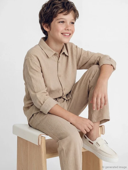 LCW Kids Bej Uzun Kollu Erkek Çocuk Poplin Gömlek ürün görseli 1