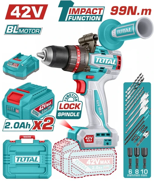 TOTAL LI-ION AKÜLÜ KÖMÜRSÜZ 42V DARBELİ MATKAP TIDLI429982E ürün görseli 1