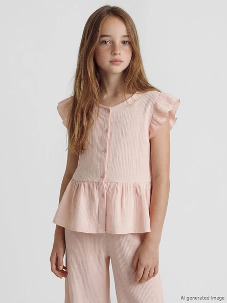 LCW Kids Pembe V Yaka Fırfır Detaylı Müslin Kız Çocuk Gömlek ürün görseli 1