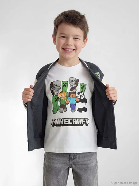 LCW Kids Beyaz Minecraft Baskılı Erkek Çocuk Tişört ürün görseli 1
