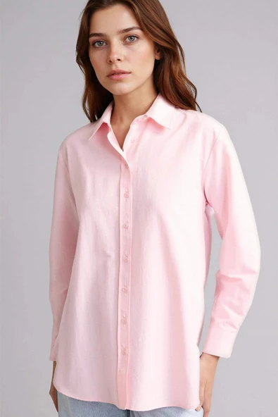 Defacto D7341AXPN186 Pembe Relax Fıt Gömlek Yaka Poplin Tunik ürün görseli 1