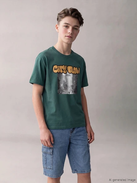 LCW Kids Yeşil Bisiklet Yaka Baskılı Erkek Çocuk Tişört ürün görseli 1