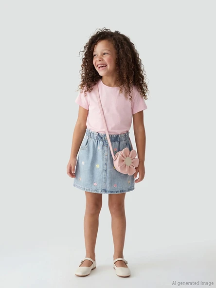LCW Kids İndigo Çiçek Nakışlı Beli Lastikli Kız Çocuk Jean Etek ürün görseli 1