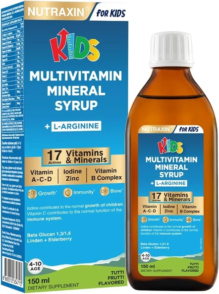 Nutraxin Kids Multivitamin Mineral Şurup 150 ml – 17 Vitamin ve Mineral, L-Arjinin, Kara Mürver, Beta Glukan, Çocuklar İçin Bağışıklık ve Gelişim Desteği ürün görseli 1