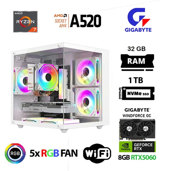 Xaser Giga X40 Ryzen 7 5700X 32GB Ram 1TB M.2 NVMe SSD 8GB RTX5060 Gigabyte Oyuncu OEM Paket ürün görseli 1