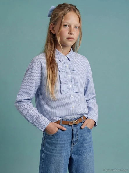 LCW Kids Mavi Fiyonk Detaylı Kız Çocuk Poplin Gömlek ürün görseli 1
