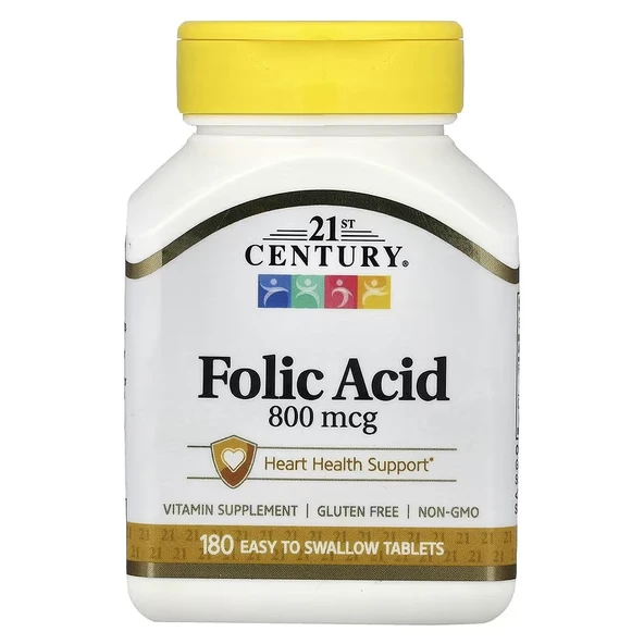 21st Century Folic Acid Vitamin B9 Folate Heart Health 800 mcg 180 Easy to Swallow Tablets ürün görseli 1