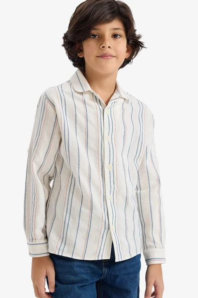 Defacto G6985A8ER99 Ekru Oversize Geniş Kalıp Polo Yaka Çizgili Uzun Kollu Gömlek Erkek Çocuk ürün görseli 1