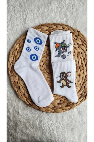 TOM&JERRY&NAZAR BONCUK DESENLİ 3LÜ KADIN ÇORAP 36 - 40 NUMARA ürün görseli 1