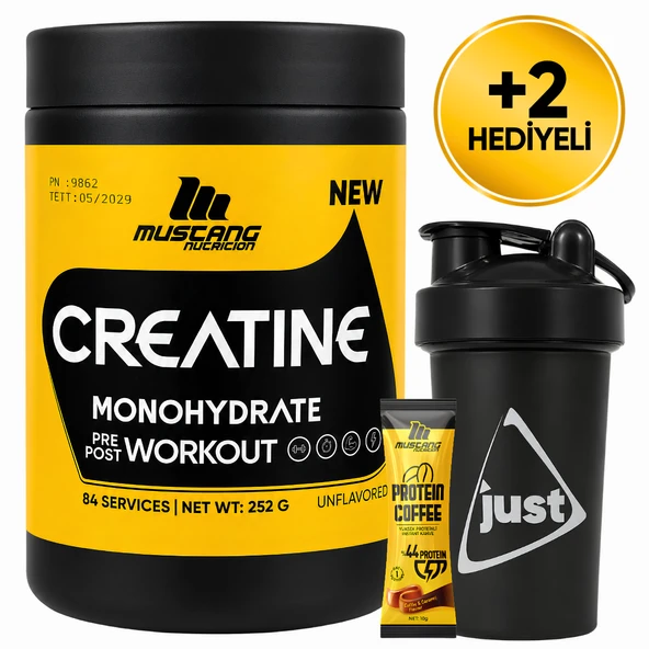 Mustang Nutrition Creatine Monohydrate Kreatin 252 Gr 84 Servis + Shaker + Protein Kahve Hediyeli ürün görseli 1