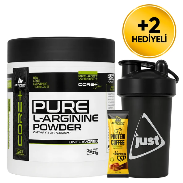 Mustang Nutrition Core+ Pure L-Arginine Powder 250 Gr L-Arjinin 50 Servis + Shaker + Protein Kahve Hediyeli ürün görseli 1